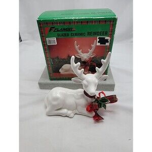 Christmas Reindeer White Glazed Ceramic Figurine With Box Flambro 1980s Holiday
